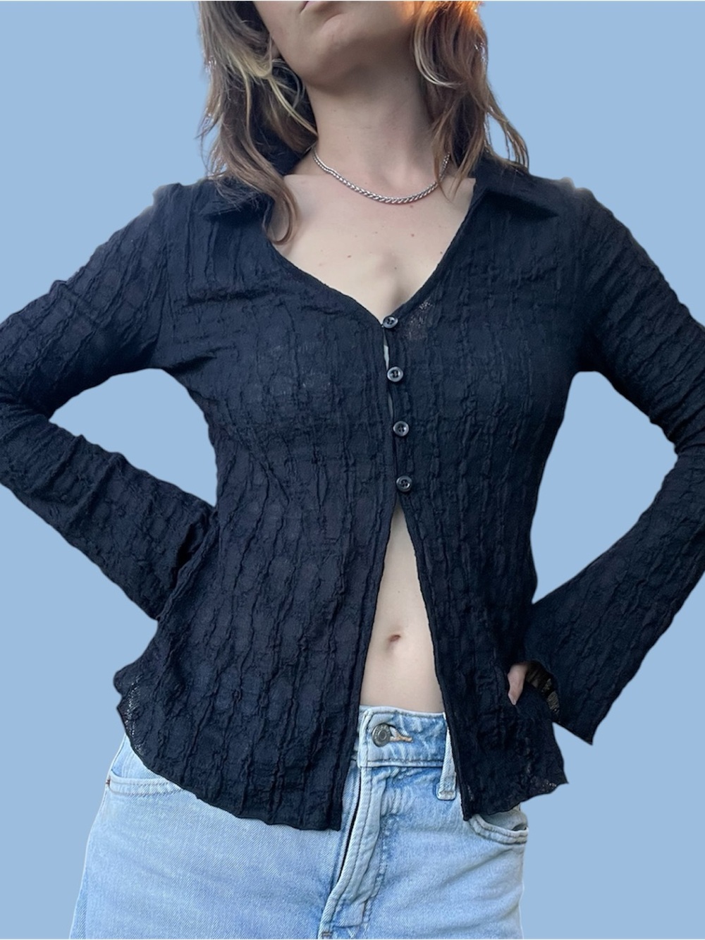 NWTUrban Outfitters Kimchi Blue Black Semi-sheer Button-Front Blouse